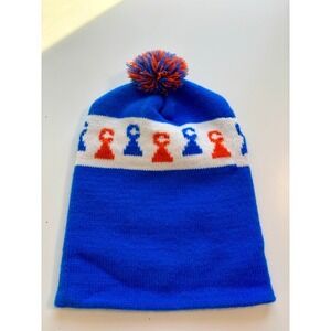 Royal Blue Knit Beanie Hat Chess Pawn Pattern Pom Pom Winter Outdoors Sports